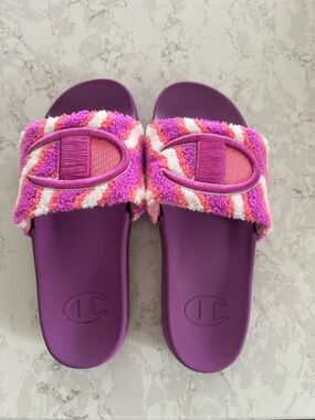 Champion Purple Terry Slide Sandals with Pink & White Striped Strap Size-11